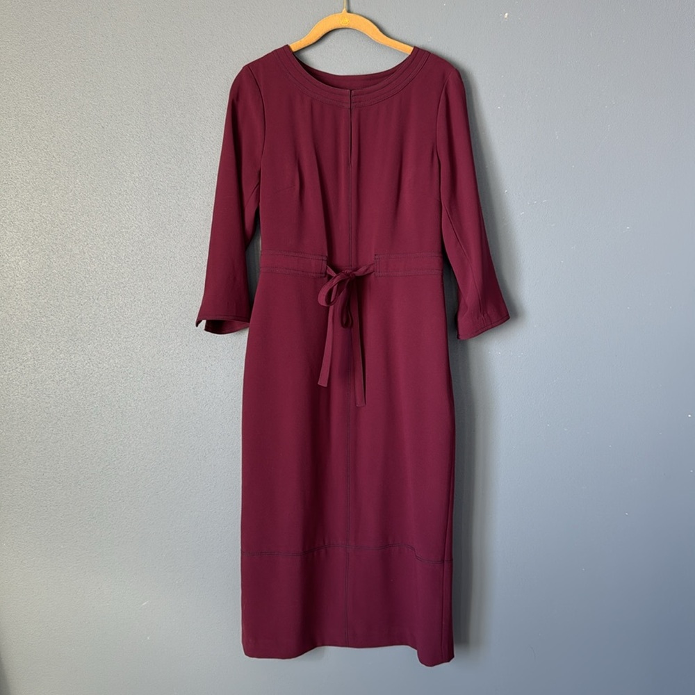 Boden Burgundy Midi Dress with Keyhole. Neckline and 3/4 Sleeves